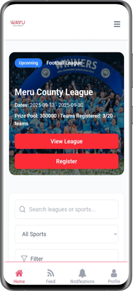 Wavu Sports Network league registration screen